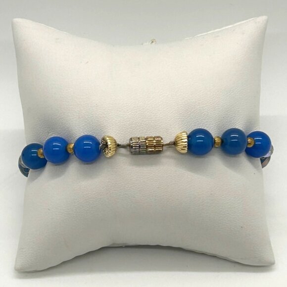 Cloisonné Floral Bracelet With Blue Glass Beads Gold-Tone Accents & Screw Clasp - Picture 4 of 14